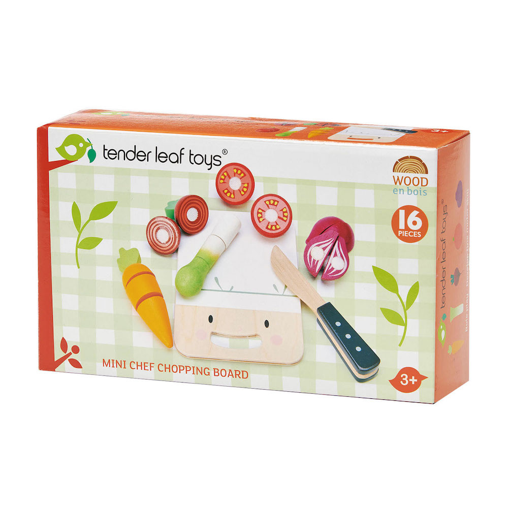 Tender Leaf Toys – Mini Chef fa vágódeszka zöldségekkel (16 darabos szett)