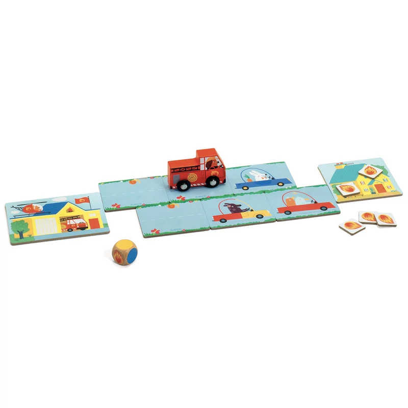 PinPon Tűzoltás társasjáték tartalma – tűzoltóautó, út lapkák, láng jelzők